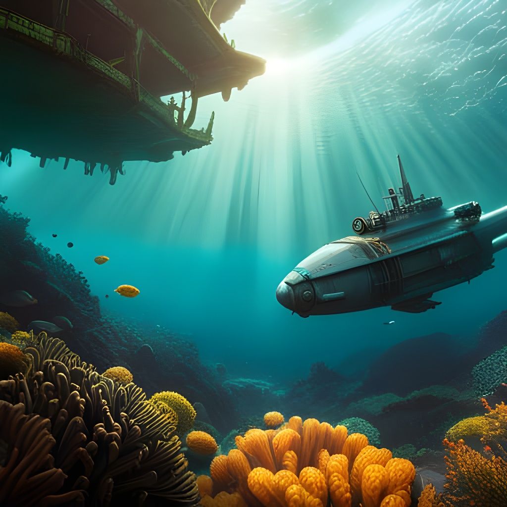 Steampunk Submarine Underwater Battle as Digital Art