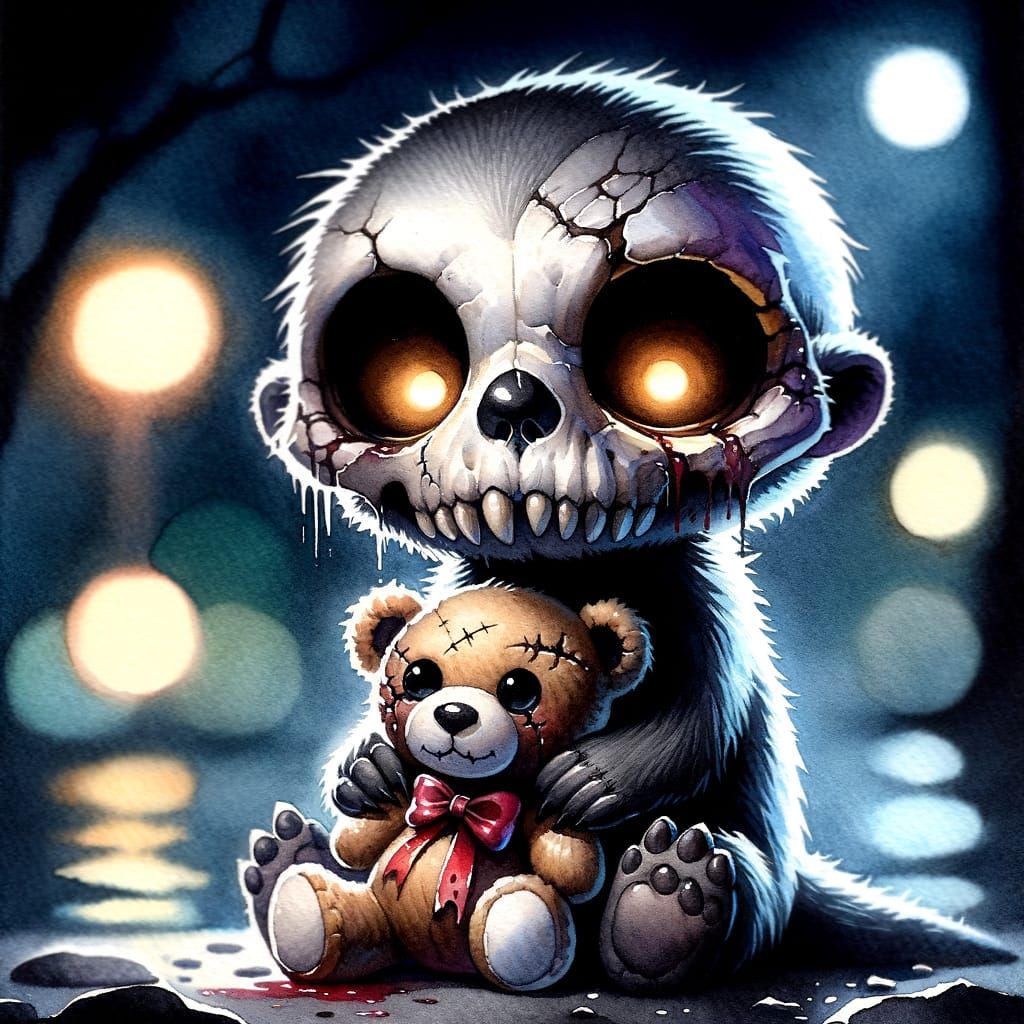 Spooky Chibi Otter with Teddy Bear: Watercolor Illustration
