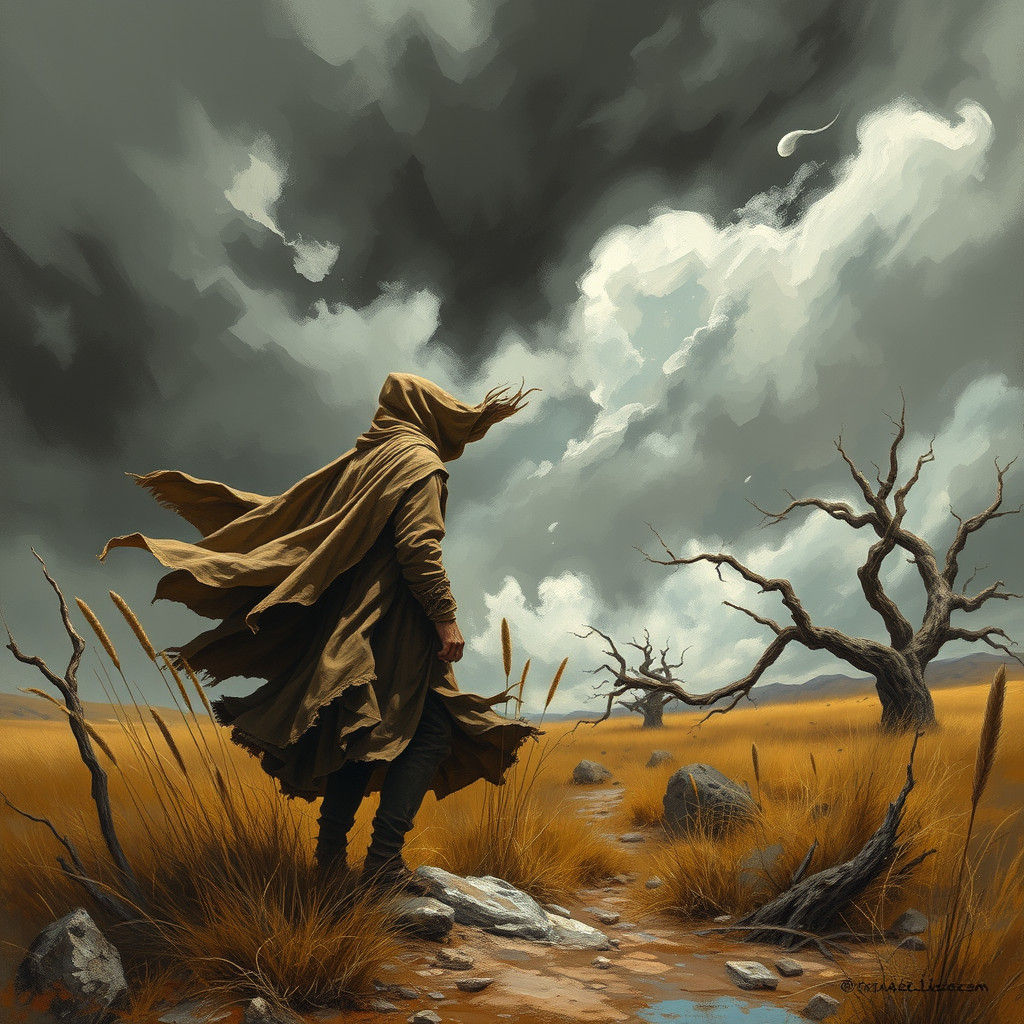 Windswept Figure in Desolate Landscape