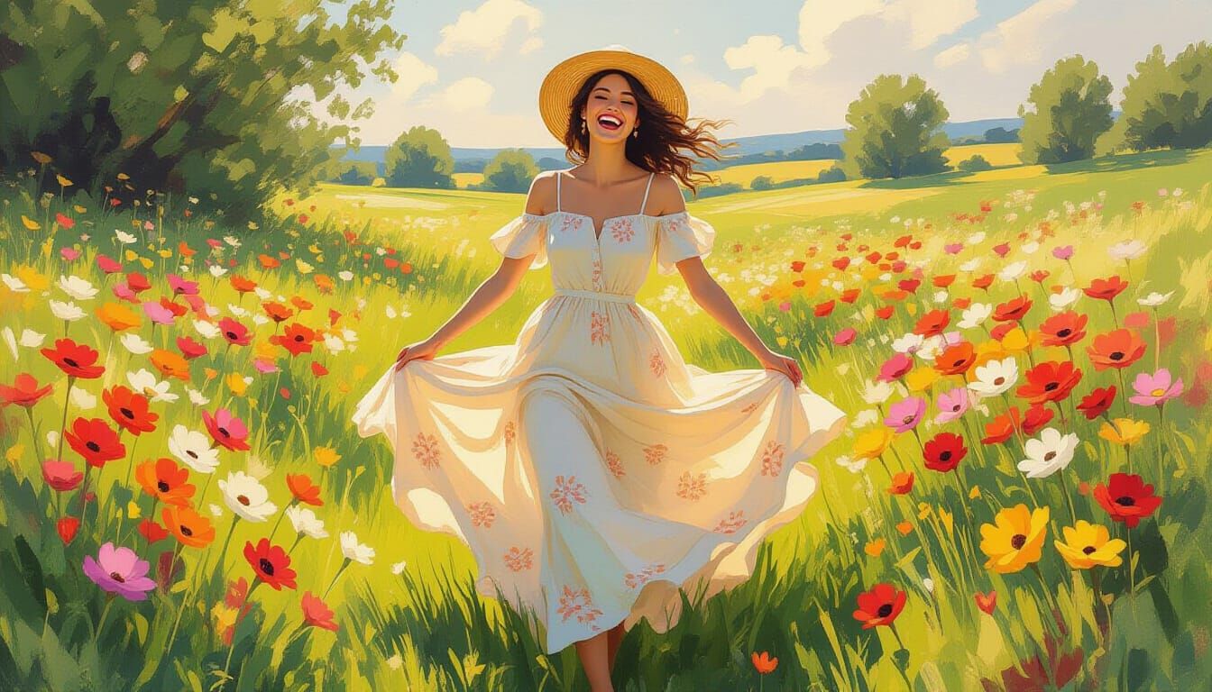 Woman Dancing in Flower Field in Impressionist Style