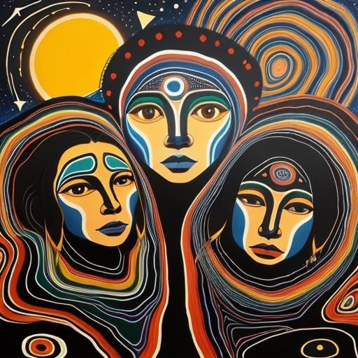 Dreamtime Aboriginal Landscape in Vibrant Split-Complementar...