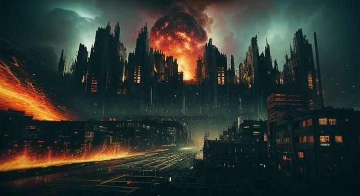 Hyperrealistic Glitchcore City Eruption with Neon Lights