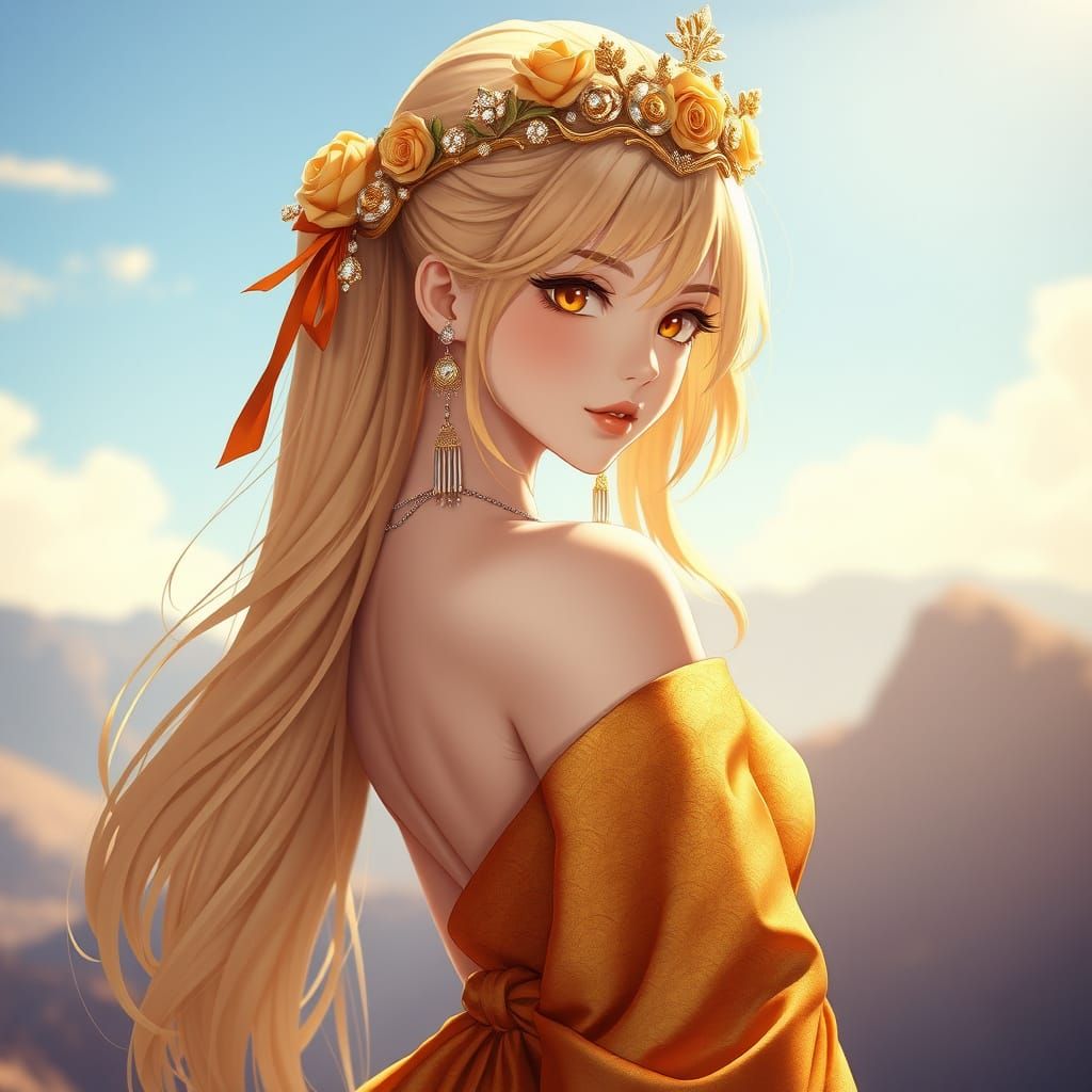 Elegant Anime Princess with Golden Rose Crown