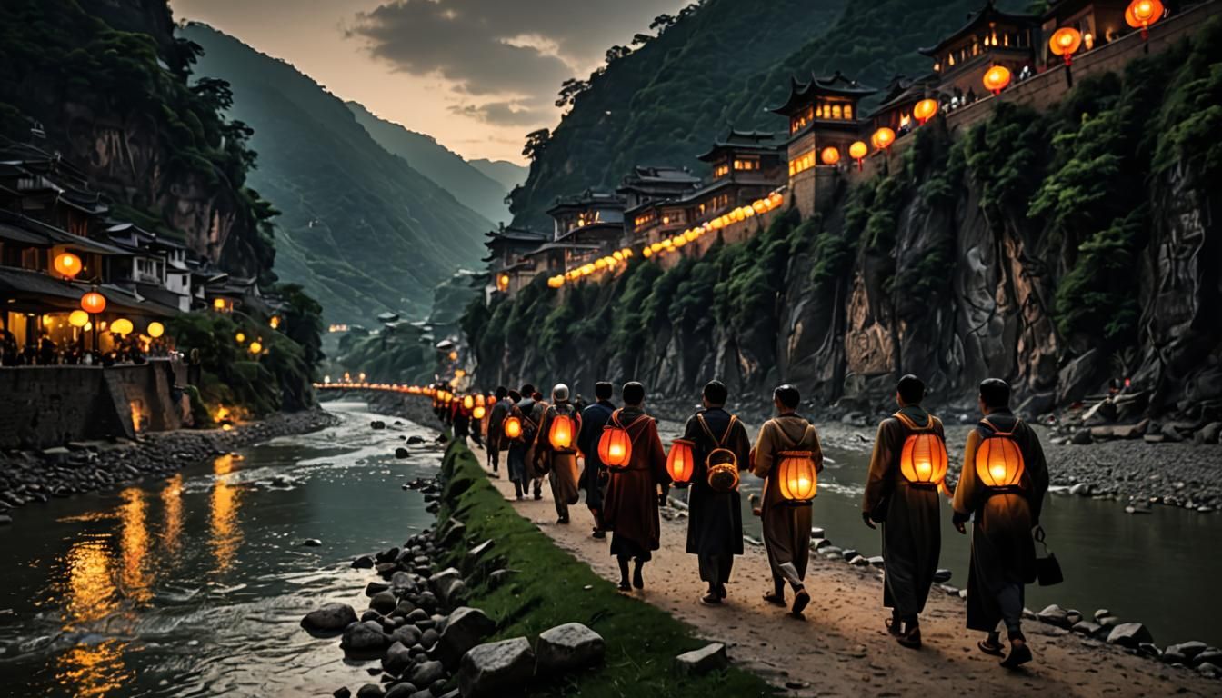 Lanterns Light a River City in Hyperrealistic HDR