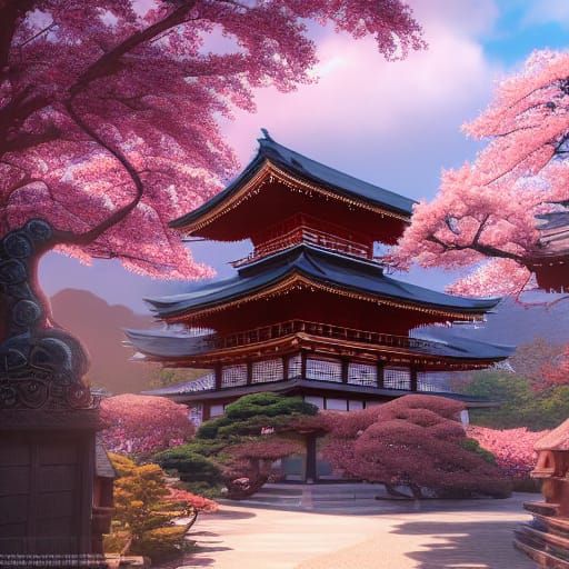 Ghibli-Inspired Japanese Temple with Dragon Statue