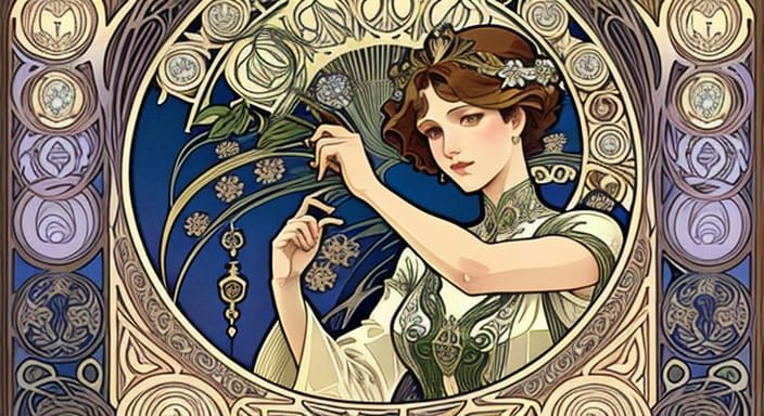 Art Nouveau Woman Poses With Spider in Detailed Illustration