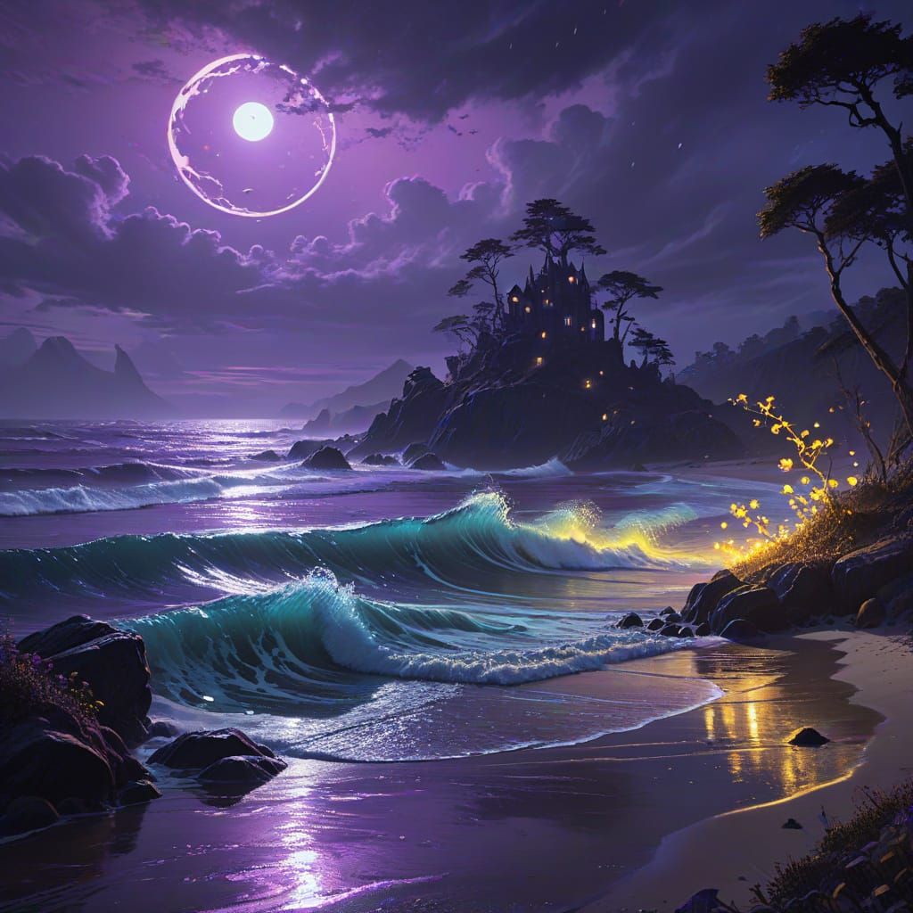 Fantasy Beach with Bioluminescent Creatures: Digital Art