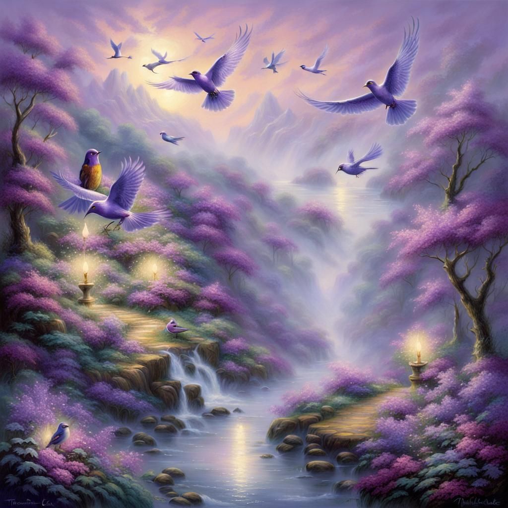 Ethereal Purple Birds in a Fantasy Landscape