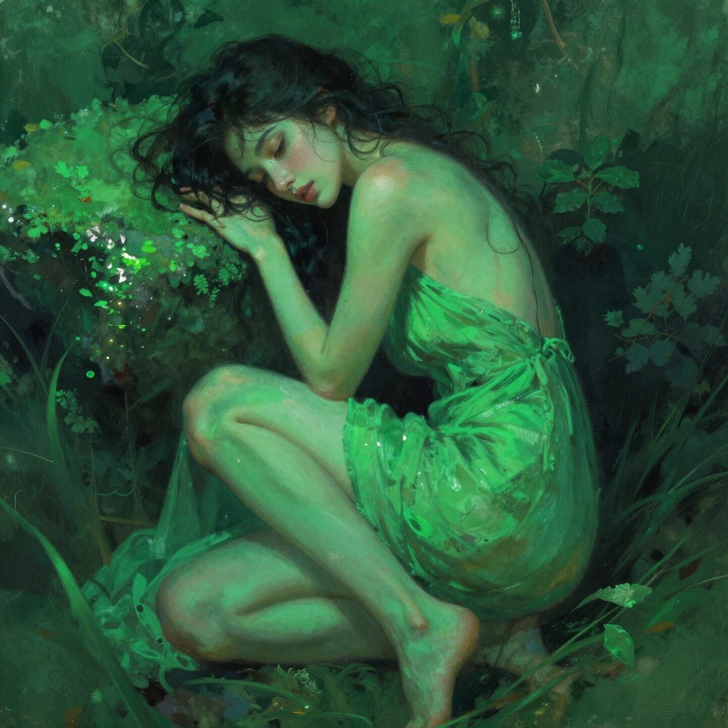 Sensuous Woman in Emerald Green Hue