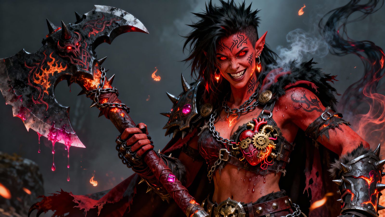 Fierce Tiefling Barbarian with Crimson Eyes and Jagged Axe