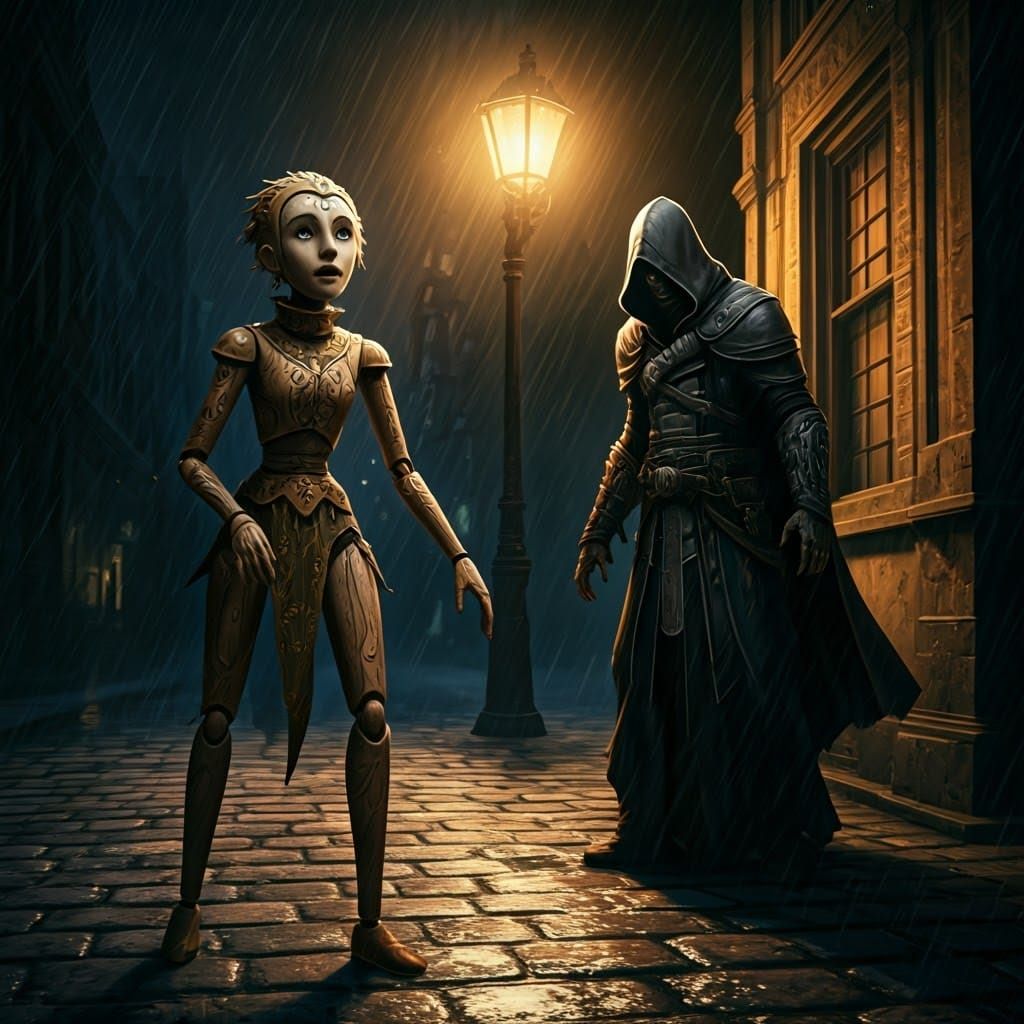 Magical Puppet Watches Assassin in Dramatic Lighting