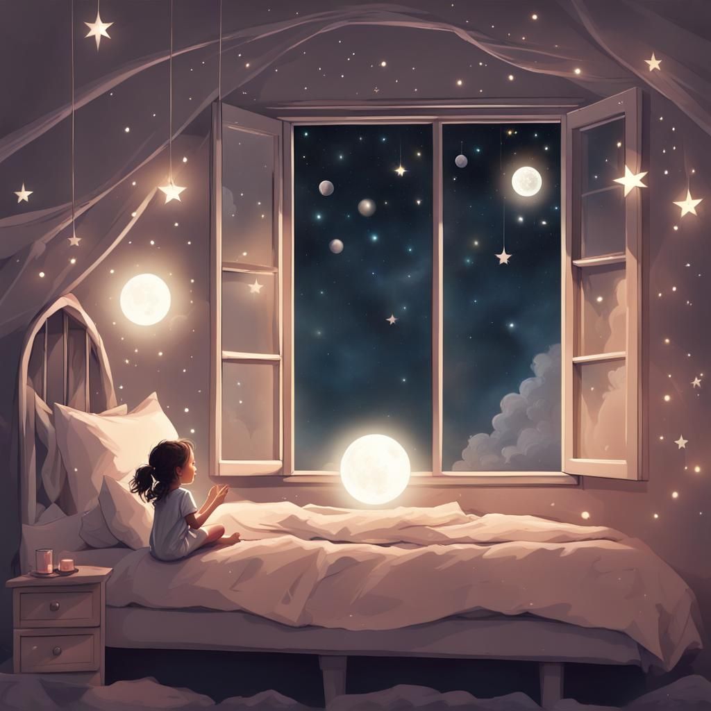 Little Girl and Magical Orb in Night Sky