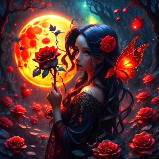 Red Fairy in Enchanted Forest, Alcohol Ink Style