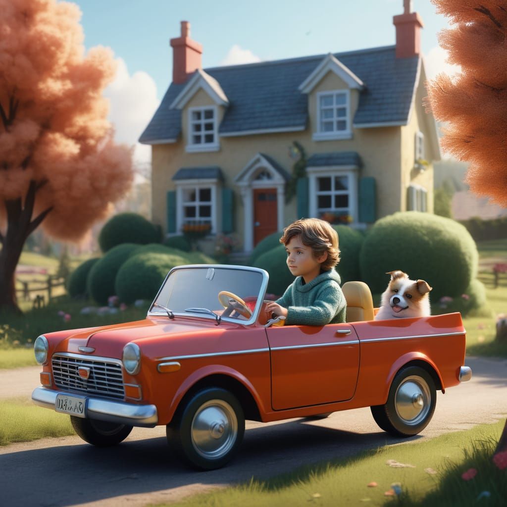 Child and Dog in Toy Car, Whimsical Countryside Concept Art