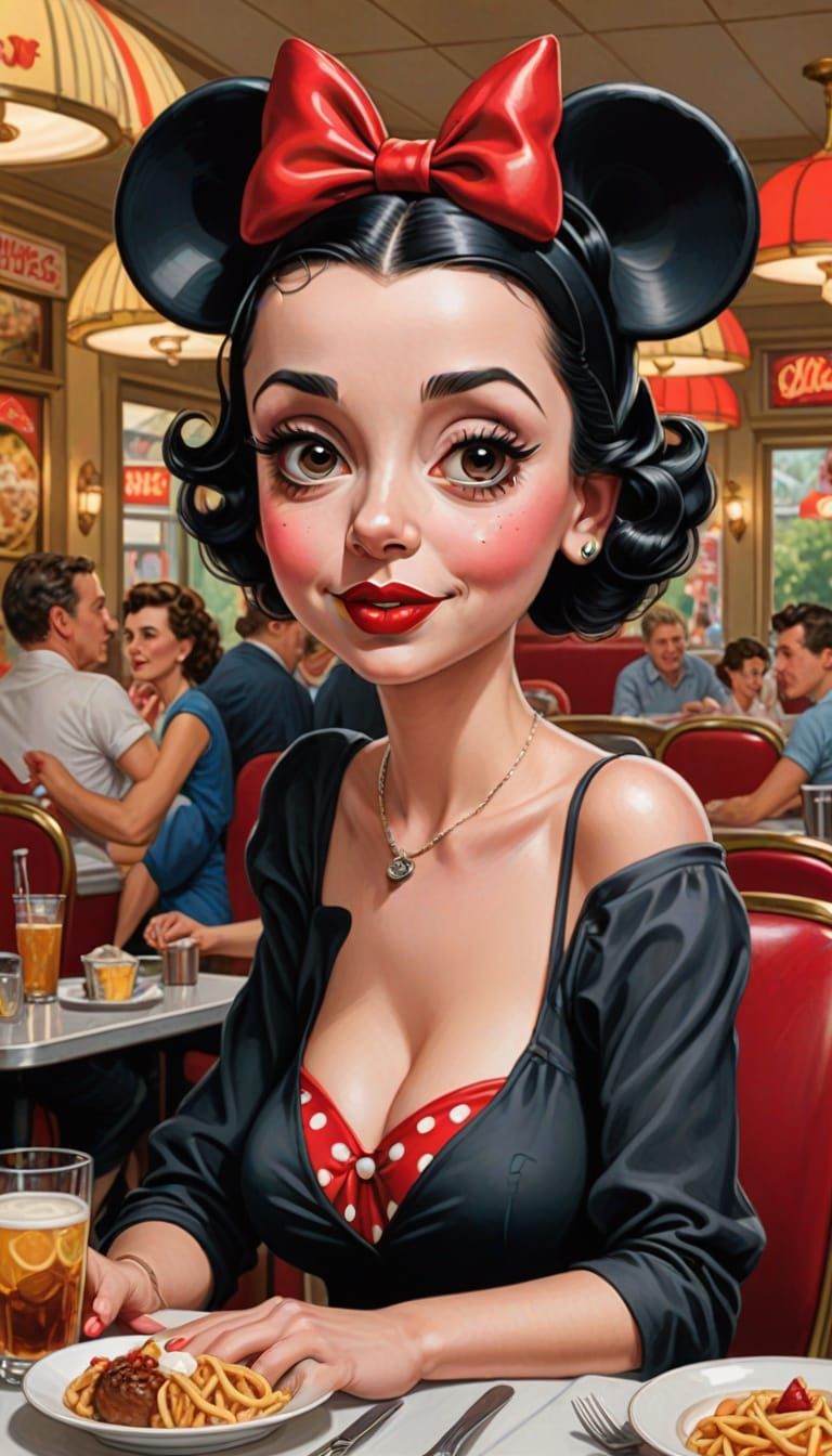 Lady Portrait with Kitsch Background in Cartoon Style