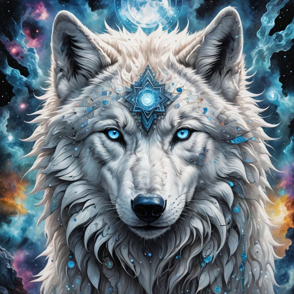 A huge white wolf with blue eyes