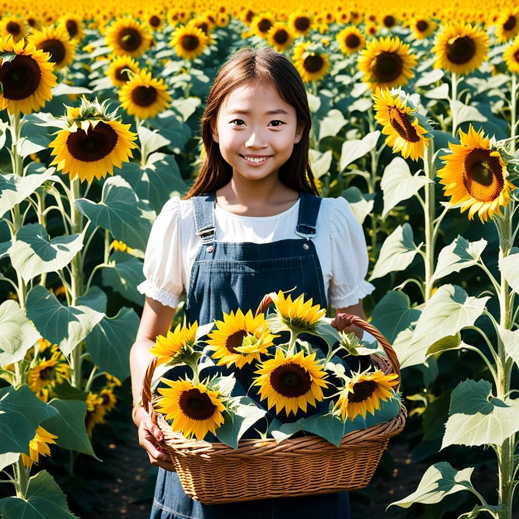 Girl in Sunflower Field with Basket