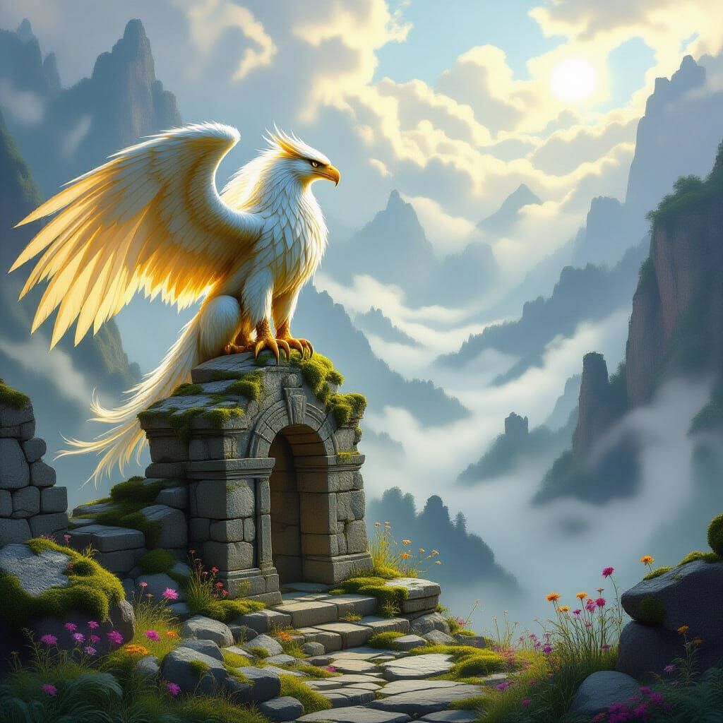 Majestic Griffin Overlooking Misty Valley at Twilight