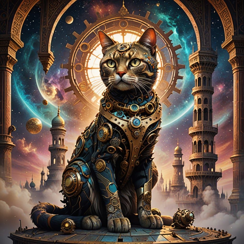 Steampunk Cat on a Clockwork Taj Mahal in Nebula