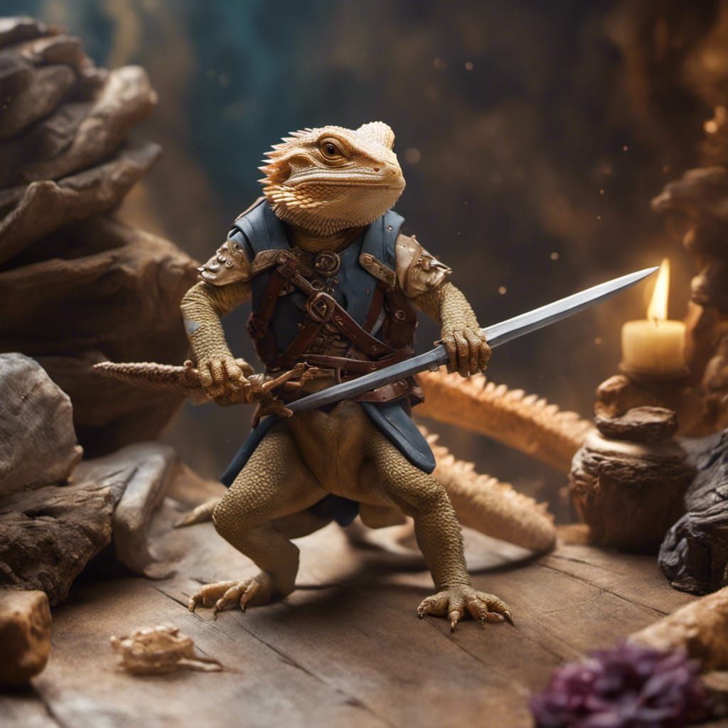 Bearded Dragon Adventurer Figure in Oil Painting Style