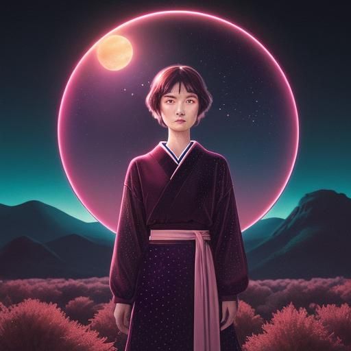 Ethereal Rotoscoped Hillside with Japanese Art Deco Architec...