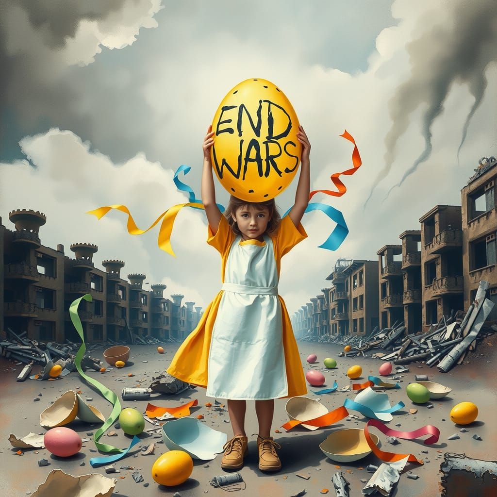 Innocence in Ruins: A Young Girl Holds Hope for Peace