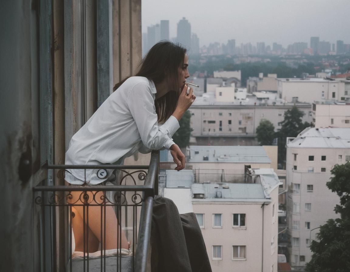 Woman on Balcony Overlooking City with Bokeh