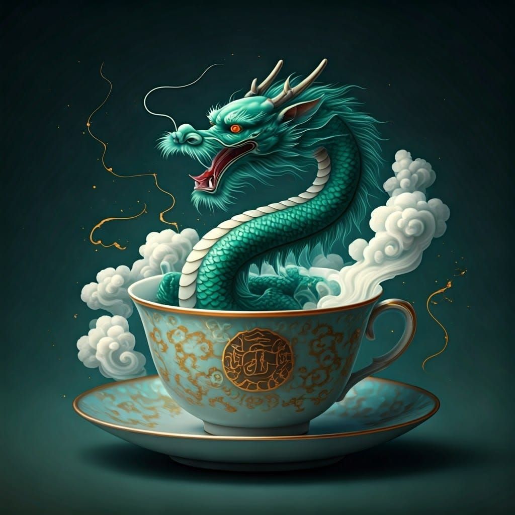 Surreal Chinese Dragon in Antique Tea Cup, Whimsical Chinese...