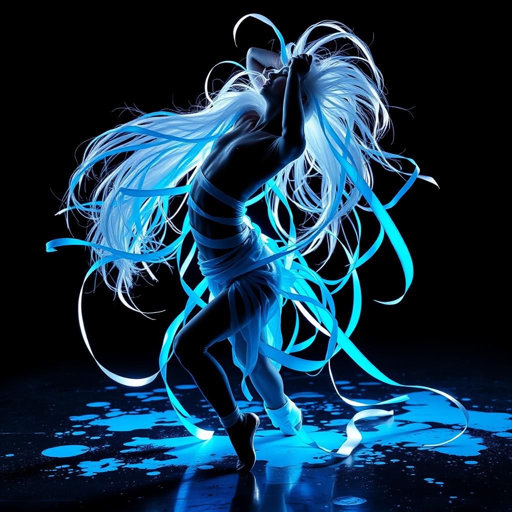 Silhouette Dancer with Neon Ribbons, Digital Art