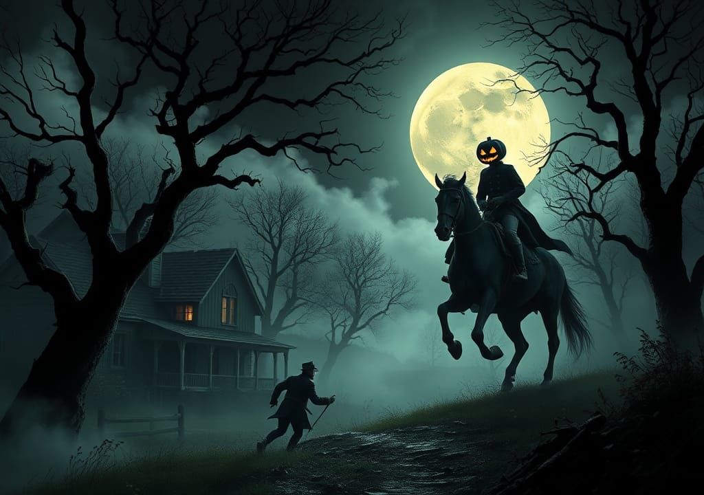 Sleepy Hollow's Eerie Moonlit Chase in Dark Romanticism