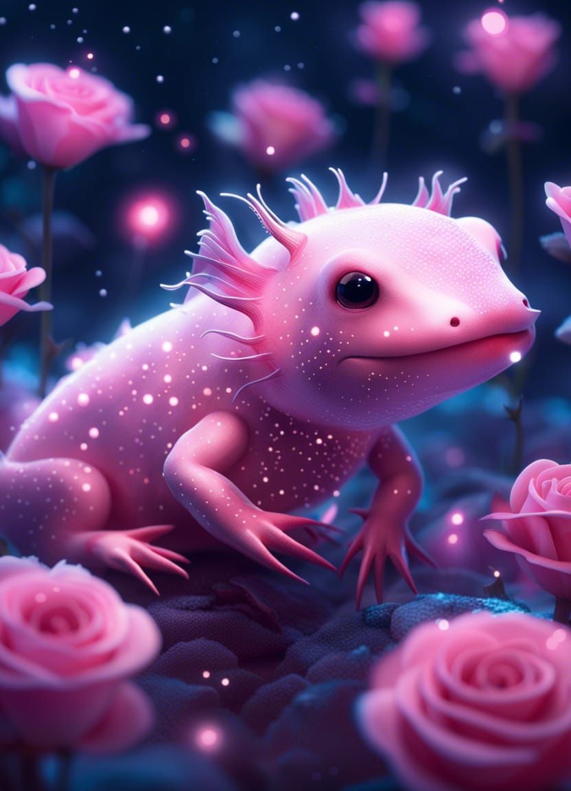 Axolotl Constellation Among Ethereal Roses: 3D Render