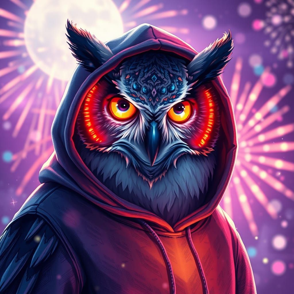 Owl in Hoodie with Fireworks, Painterly Illustration