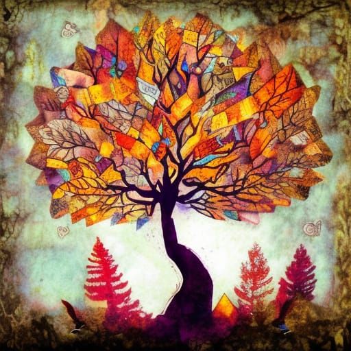 Magical Tree with Squirrels in Boho Collage