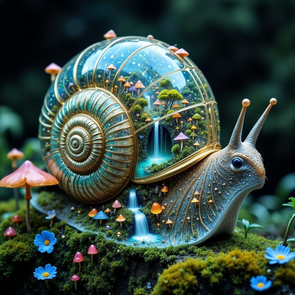 Dreamlike Snail in Whimsical Garden Landscape