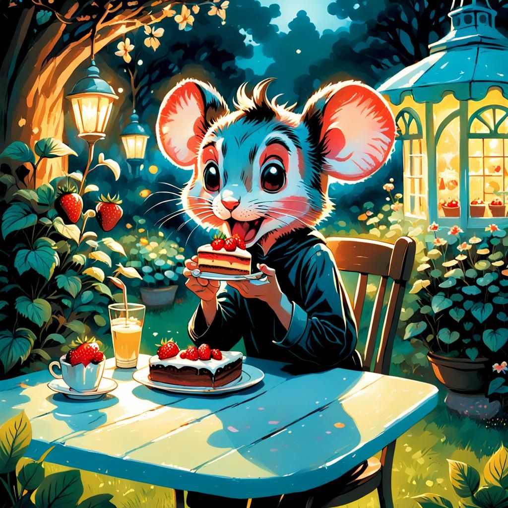 Whimsical Garden Scene with Mouse Eared Character Enjoying C...