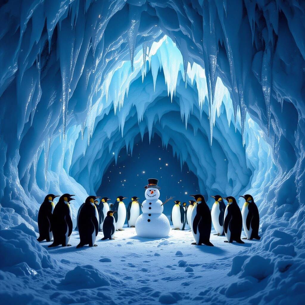 Majestic Icy Cave with Penguins and Snowman
