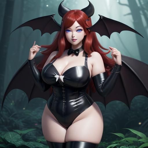 Kawaii Neko Woman with Bat Wings in Magic Forest
