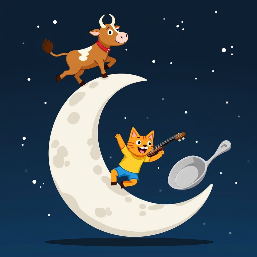 Whimsical Nursery Rhyme Scene: Moon, Cow, Dog, Cat, and Spoo...