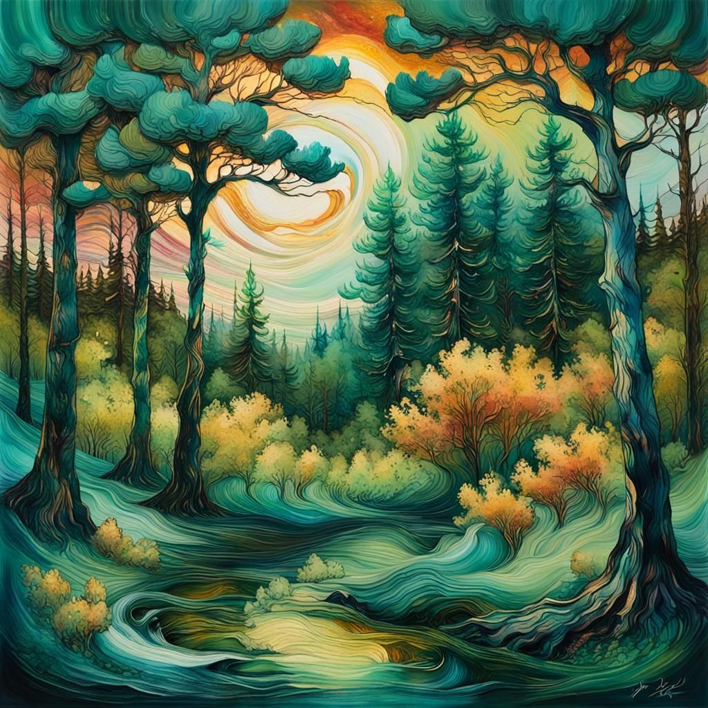 Encaustic Spring Foliage and Chaotic Golden Sunset