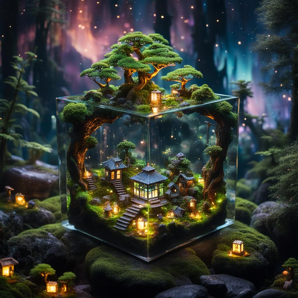 Glowing Bonsai Village in Glass Cube