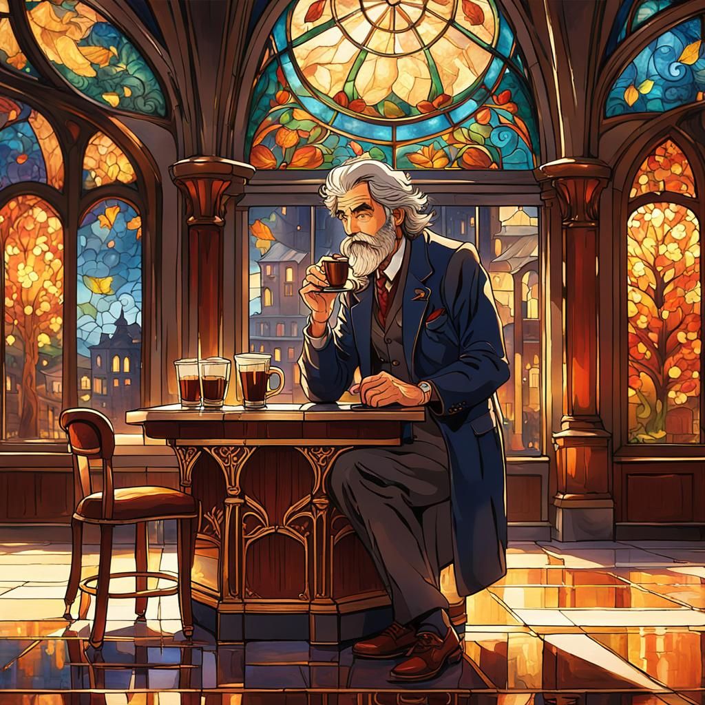 Italian Man in Art Nouveau Bar, Anime Style
