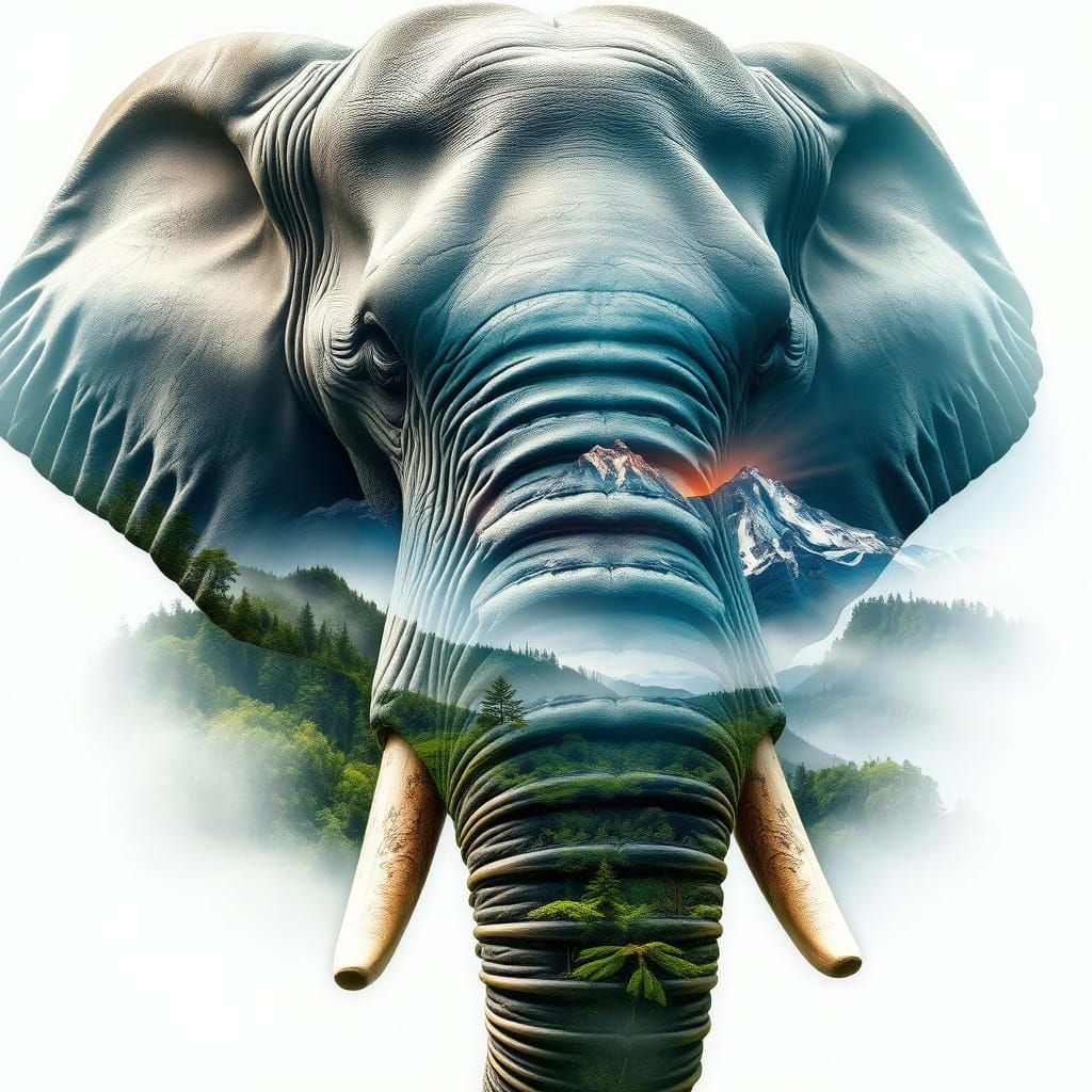 Gentle Elephant Portrait in Ethereal Landscape