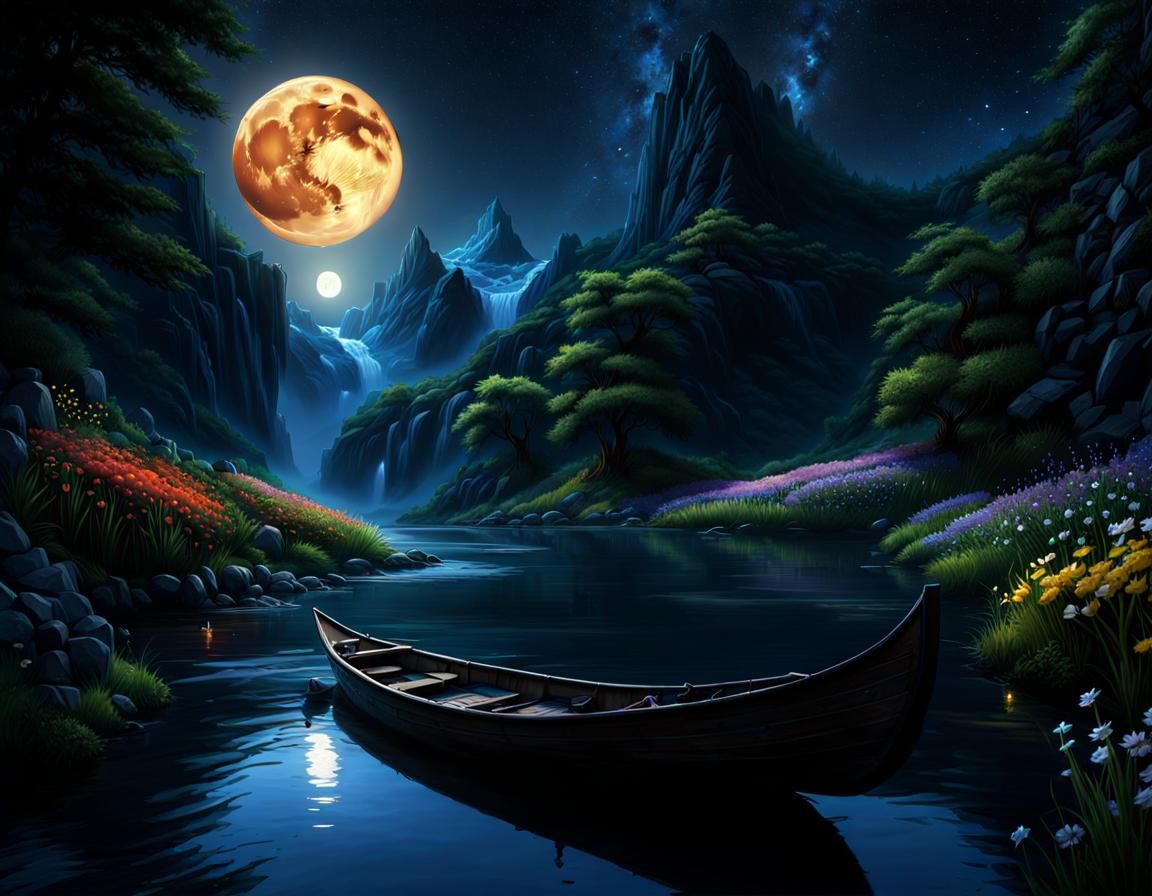 Fisherman at Moonlit Mountain River, Dark Fantasy Art