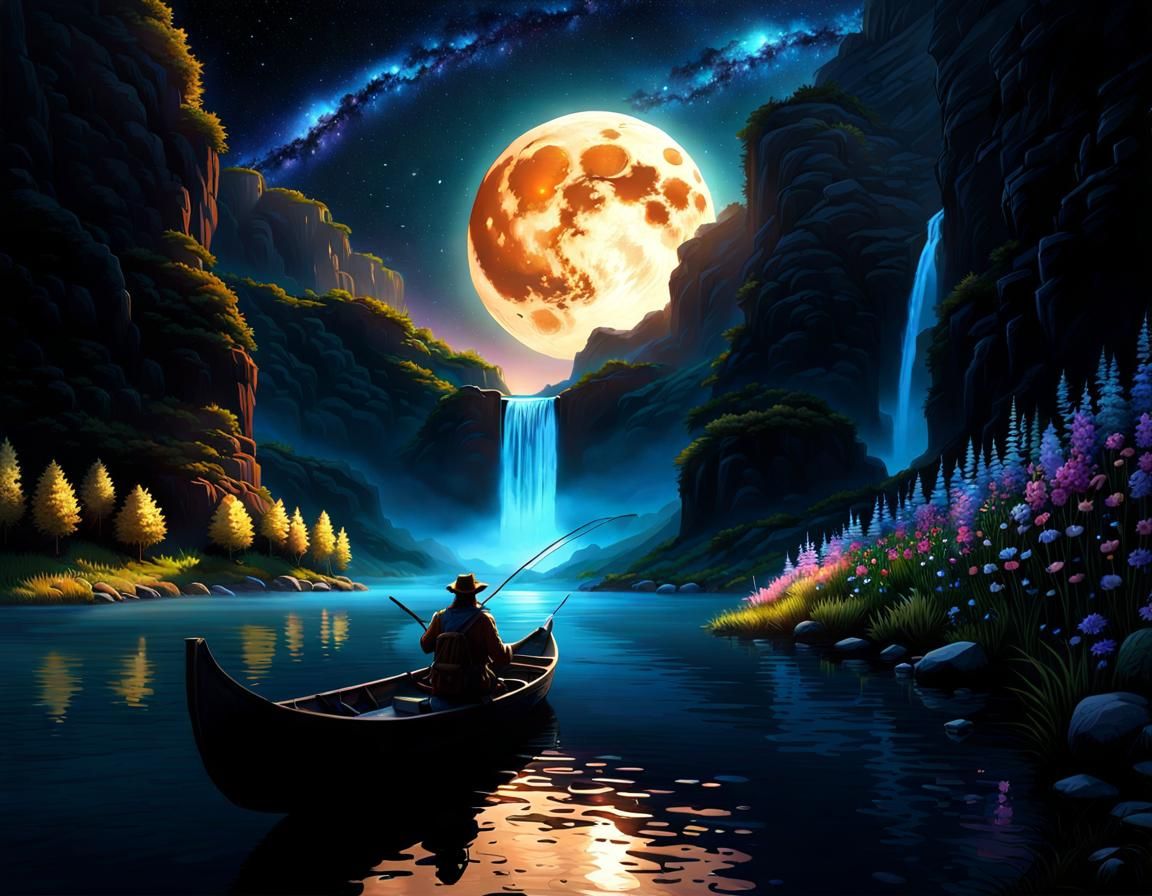 Mountain River Fisherman Under Moonlight: Dark Fantasy Art
