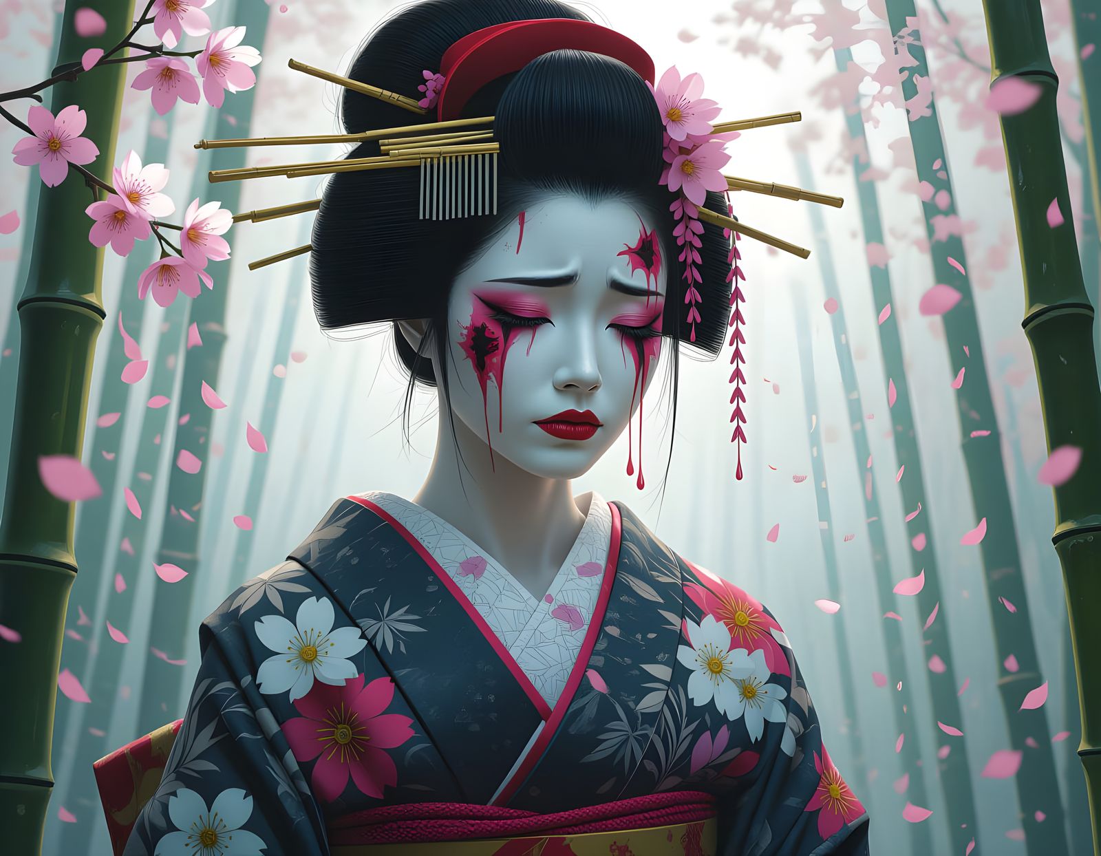 Biomechanical Geisha Cries Cherry Blossom Tears in Forest