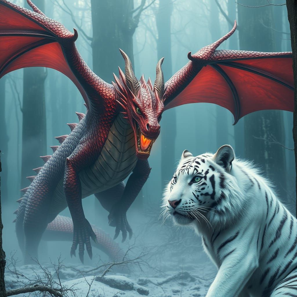 Red Dragon and White Tiger Meeting in Misty Forest