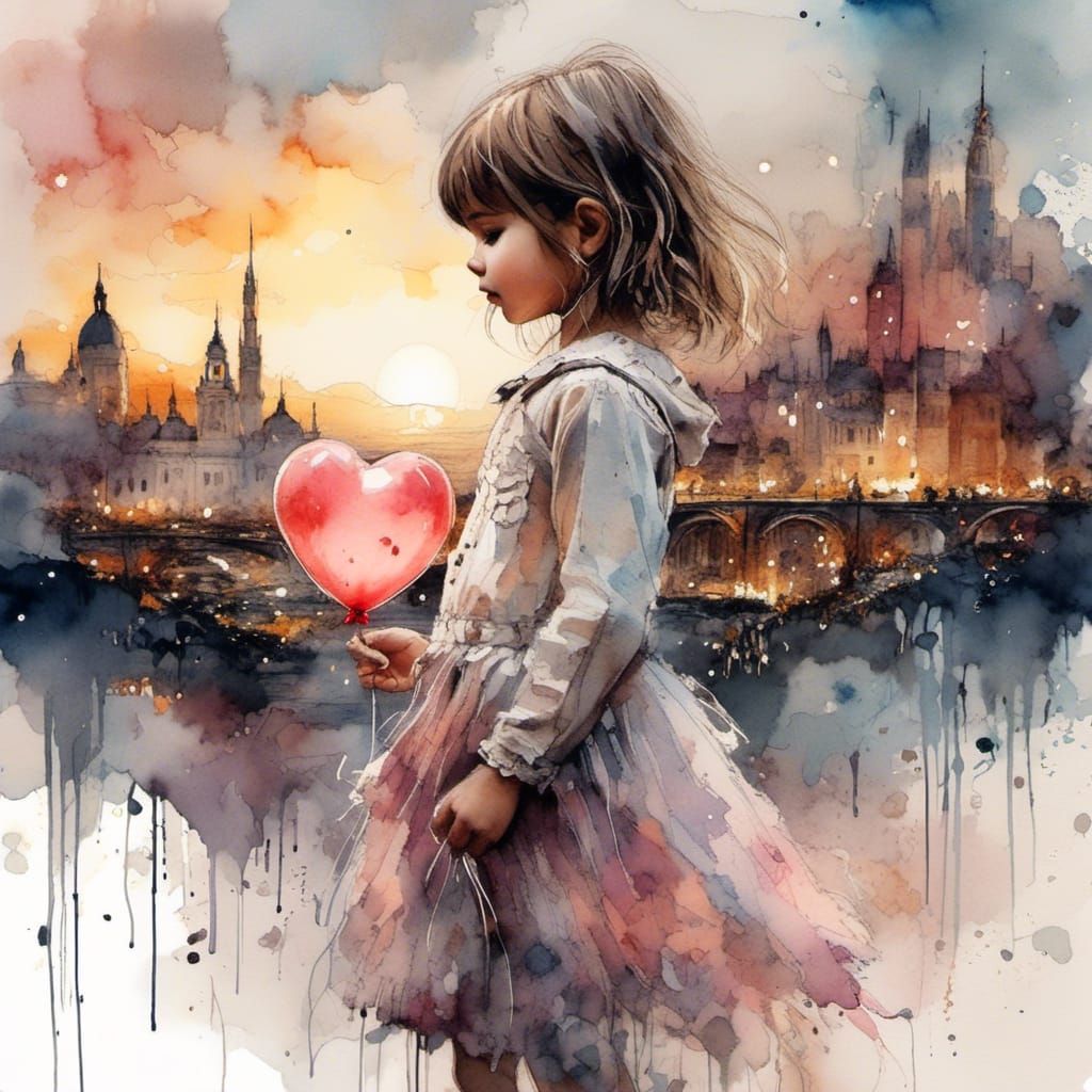 Watercolor Girl with Heart Balloon in Cityscape