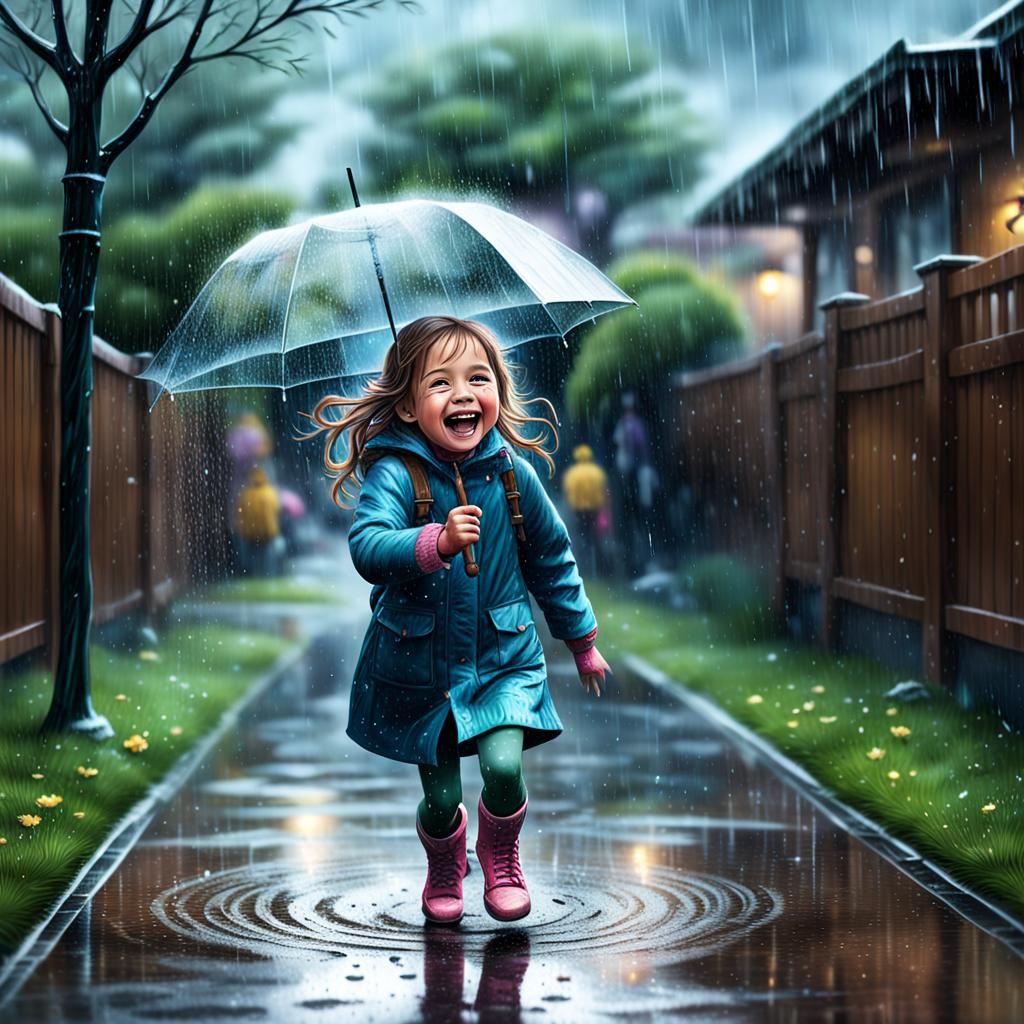 Joyful Girl's April Shower Adventure: Hyperrealistic Digital...