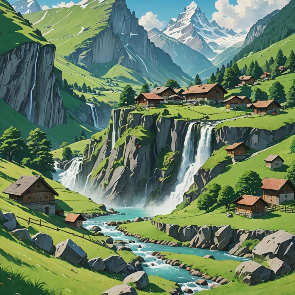 Swiss Alps Waterfall in Anime Key Visual Style