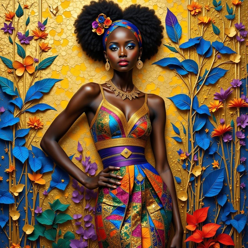 African Woman in Kirigami Dress with Zentangle Background